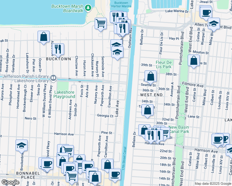 map of restaurants, bars, coffee shops, grocery stores, and more near 214 Chestnut Street in Metairie