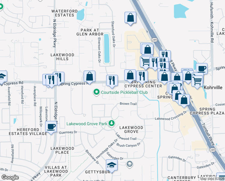 map of restaurants, bars, coffee shops, grocery stores, and more near 11623 Spring Cypress Road in Tomball
