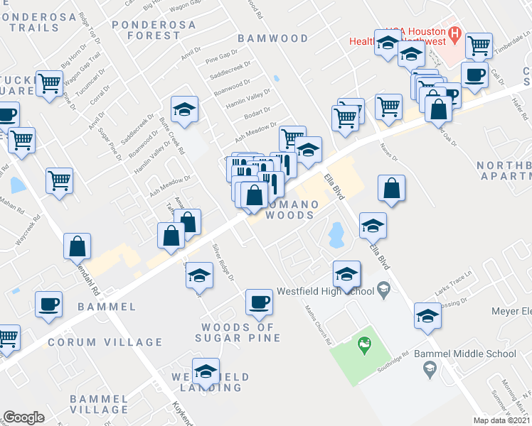 map of restaurants, bars, coffee shops, grocery stores, and more near 1631 Farm to Market 1960 Road West in Houston
