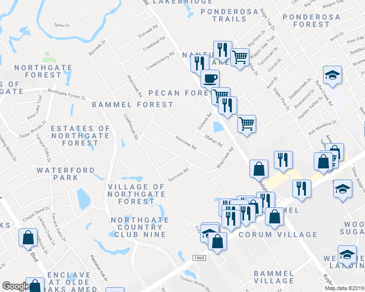 map of restaurants, bars, coffee shops, grocery stores, and more near 16403 Amcreek Rd in Houston