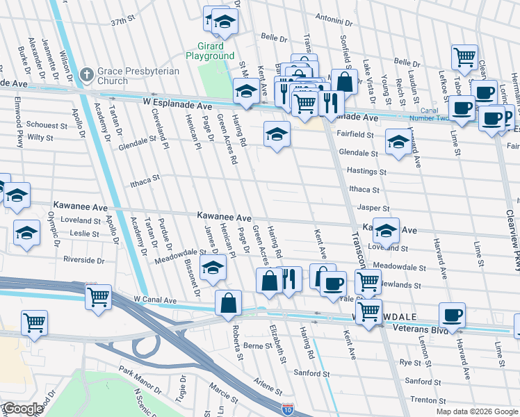 map of restaurants, bars, coffee shops, grocery stores, and more near 3816 Haring Road in Metairie