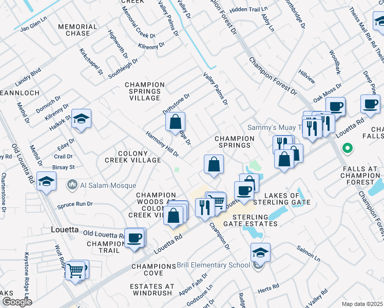 map of restaurants, bars, coffee shops, grocery stores, and more near 9111 Cypress Square Drive in Spring