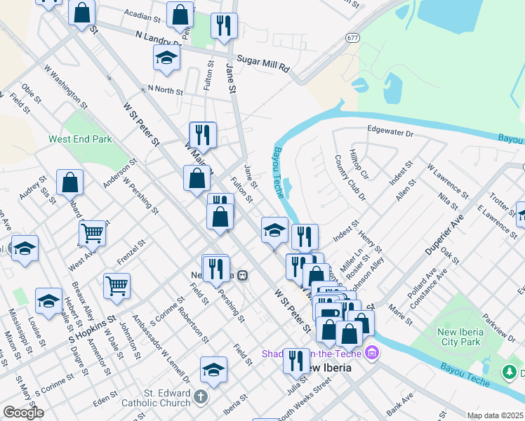 map of restaurants, bars, coffee shops, grocery stores, and more near 404 Fulton Street in New Iberia