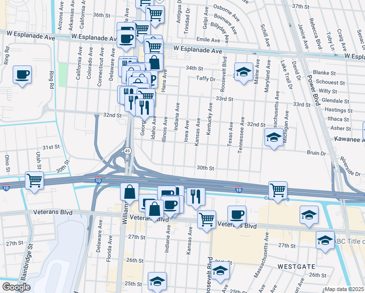 map of restaurants, bars, coffee shops, grocery stores, and more near 3041 Iowa Avenue in Kenner
