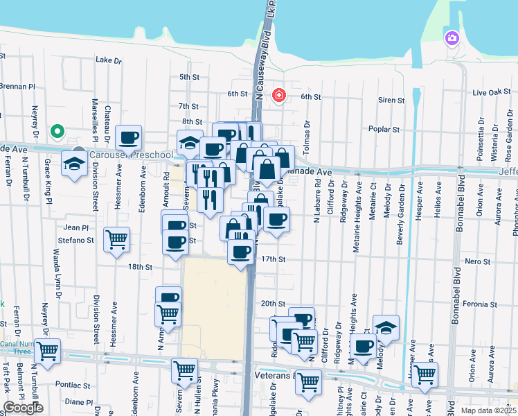 map of restaurants, bars, coffee shops, grocery stores, and more near 3446 North Causeway Boulevard in Metairie