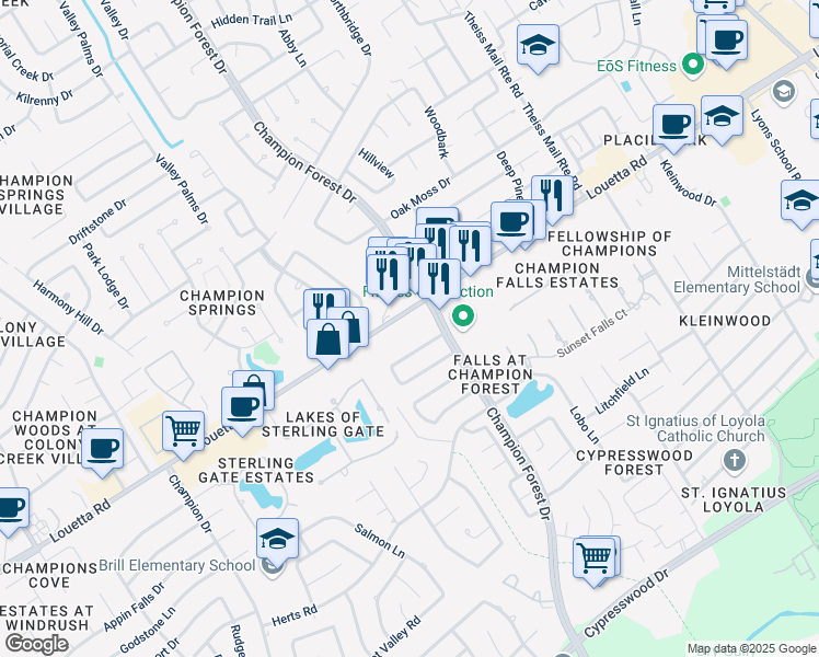 map of restaurants, bars, coffee shops, grocery stores, and more near 8317 Louetta Road in Spring