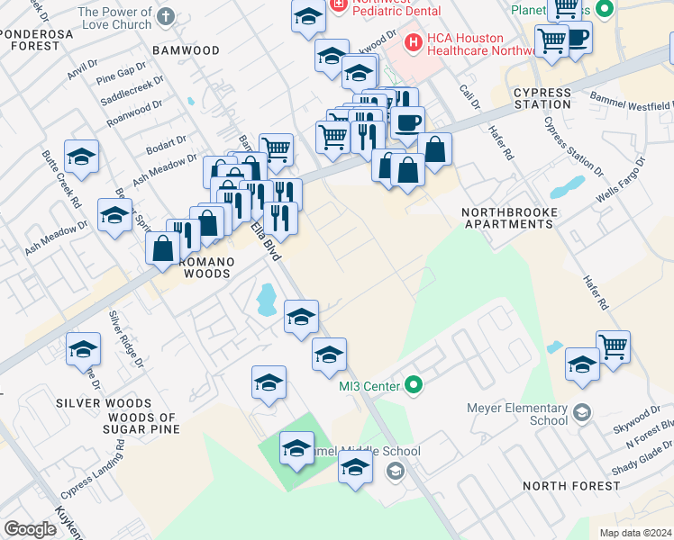map of restaurants, bars, coffee shops, grocery stores, and more near in Houston