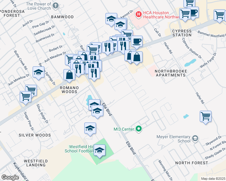 map of restaurants, bars, coffee shops, grocery stores, and more near in Houston