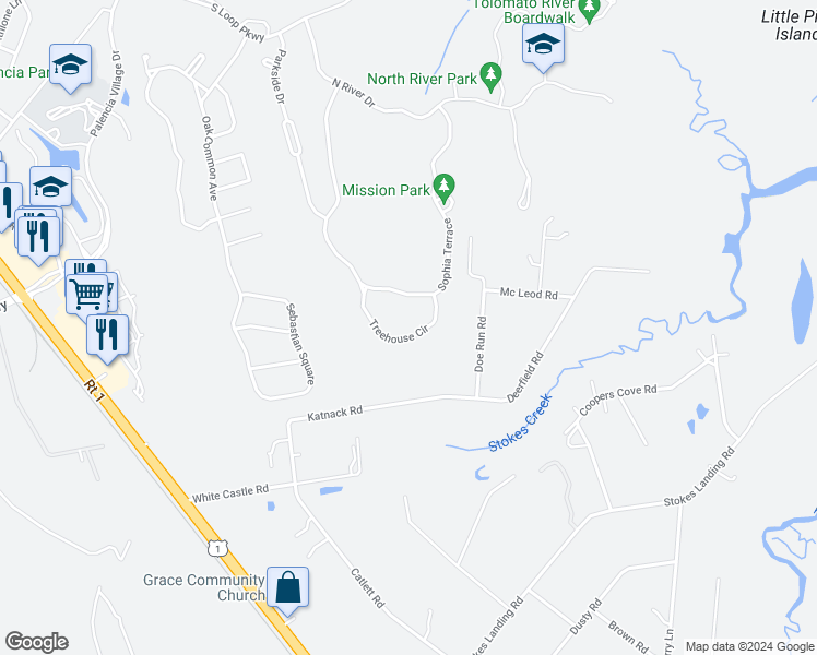 map of restaurants, bars, coffee shops, grocery stores, and more near 650 Treehouse Circle in St. Augustine