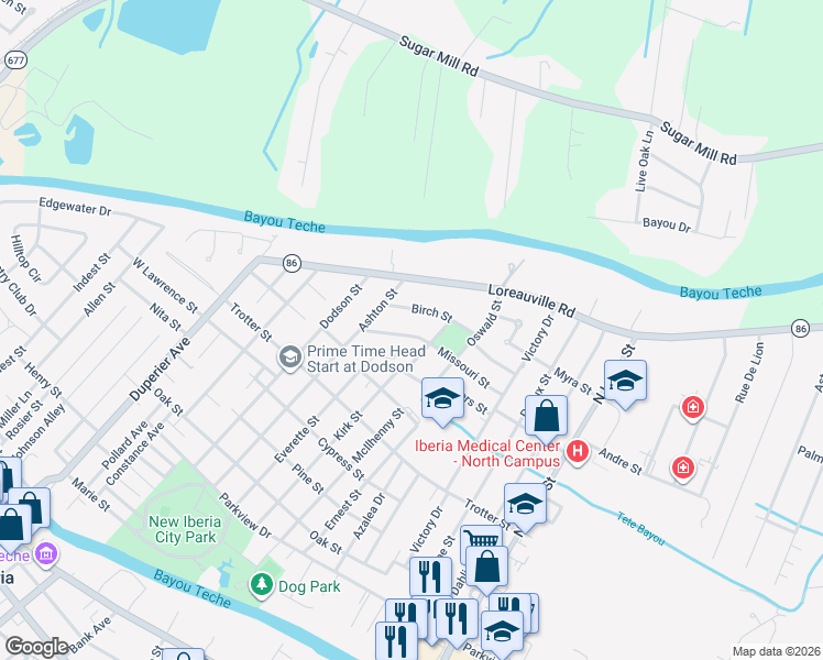 map of restaurants, bars, coffee shops, grocery stores, and more near 425 Missouri Street in New Iberia