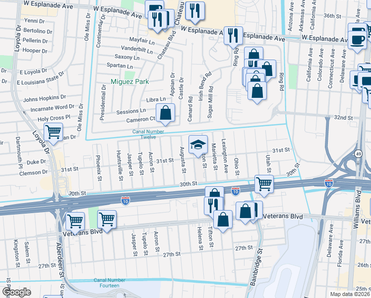 map of restaurants, bars, coffee shops, grocery stores, and more near 3124 Augusta Street in Kenner