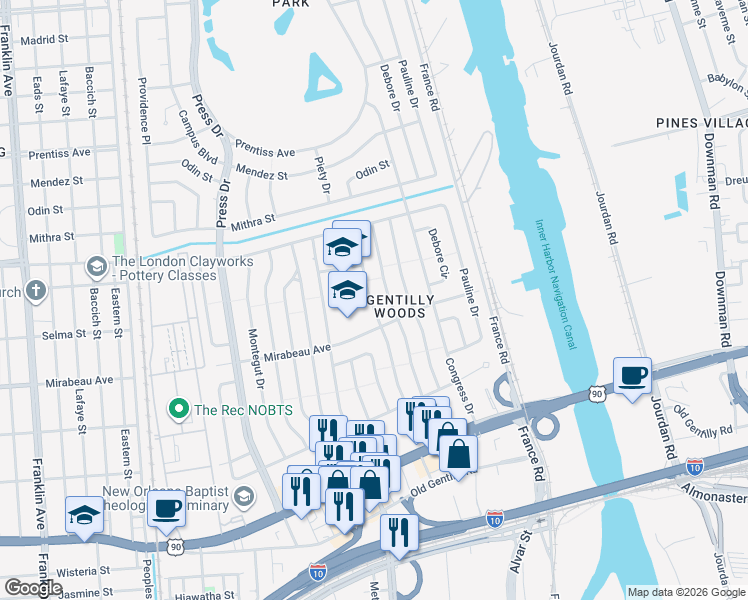map of restaurants, bars, coffee shops, grocery stores, and more near 4943 Piety Drive in New Orleans