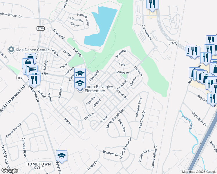 map of restaurants, bars, coffee shops, grocery stores, and more near 744 Fairway in Kyle