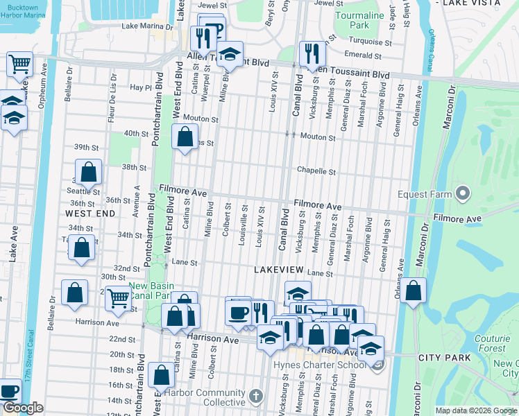 map of restaurants, bars, coffee shops, grocery stores, and more near 610 Filmore Avenue in New Orleans