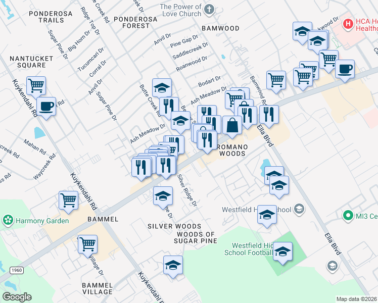 map of restaurants, bars, coffee shops, grocery stores, and more near 1700 Farm to Market 1960 Road West in Houston