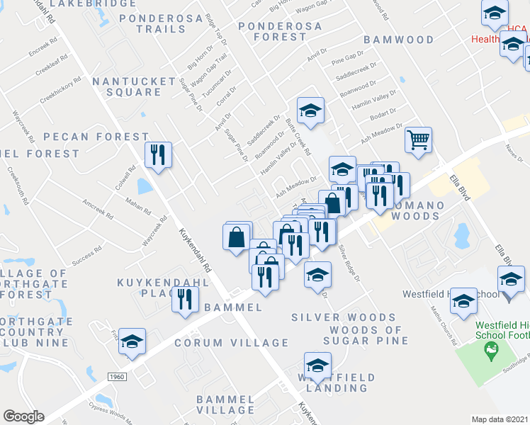 map of restaurants, bars, coffee shops, grocery stores, and more near 2007 Que Manor Drive in Houston
