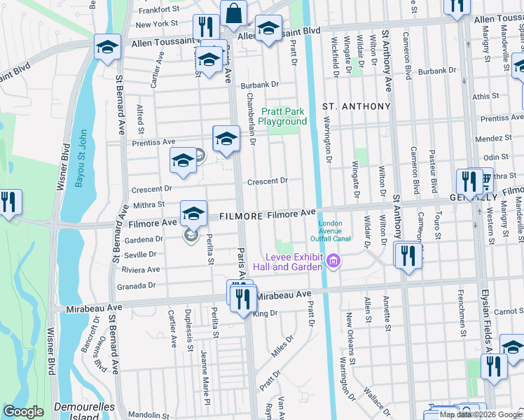 map of restaurants, bars, coffee shops, grocery stores, and more near 5351 Chamberlain Drive in New Orleans