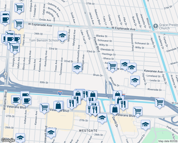 map of restaurants, bars, coffee shops, grocery stores, and more near 3108 Minnesota Avenue in Metairie
