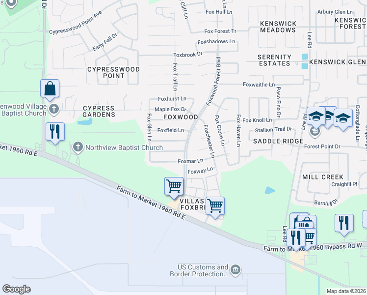 map of restaurants, bars, coffee shops, grocery stores, and more near 20122 Foxwood Forest Boulevard in Humble