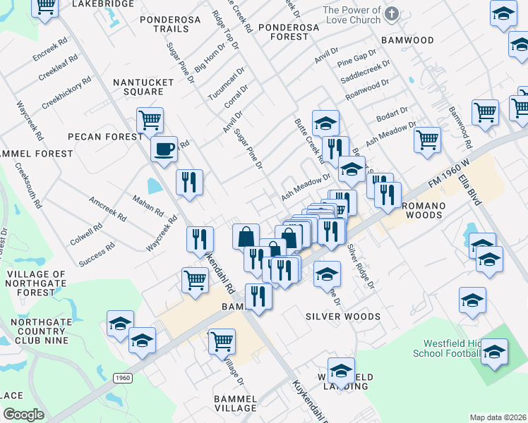 map of restaurants, bars, coffee shops, grocery stores, and more near 2007 Que Manor Drive in Houston