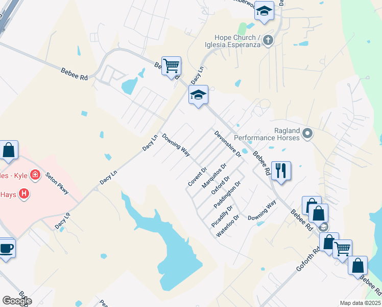 map of restaurants, bars, coffee shops, grocery stores, and more near 317 Bloomsbury Drive in Kyle