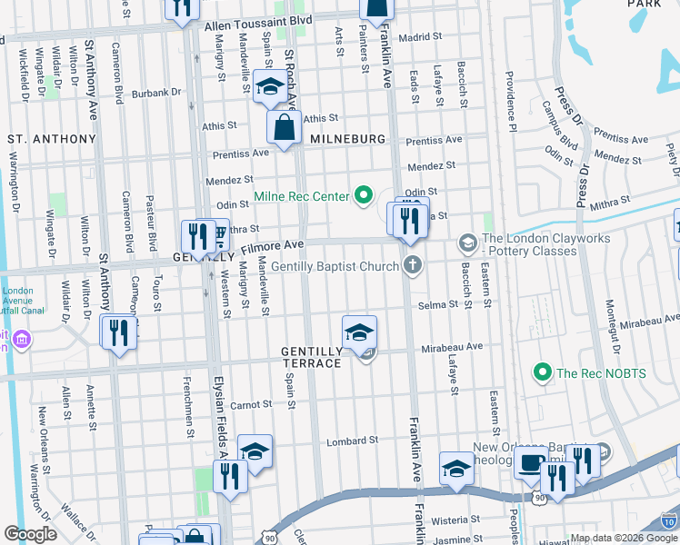 map of restaurants, bars, coffee shops, grocery stores, and more near 2444 Dreux Avenue in New Orleans