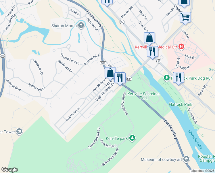 map of restaurants, bars, coffee shops, grocery stores, and more near 2219 Aurora Drive in Kerrville
