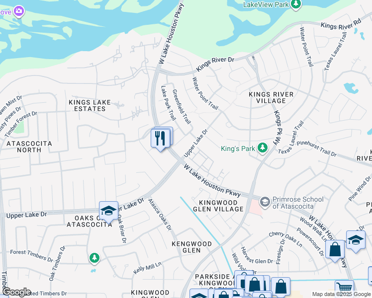 map of restaurants, bars, coffee shops, grocery stores, and more near 6319 Upper Lake Drive in Humble