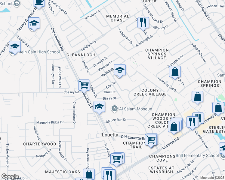 map of restaurants, bars, coffee shops, grocery stores, and more near 9610 Crail Drive in Spring