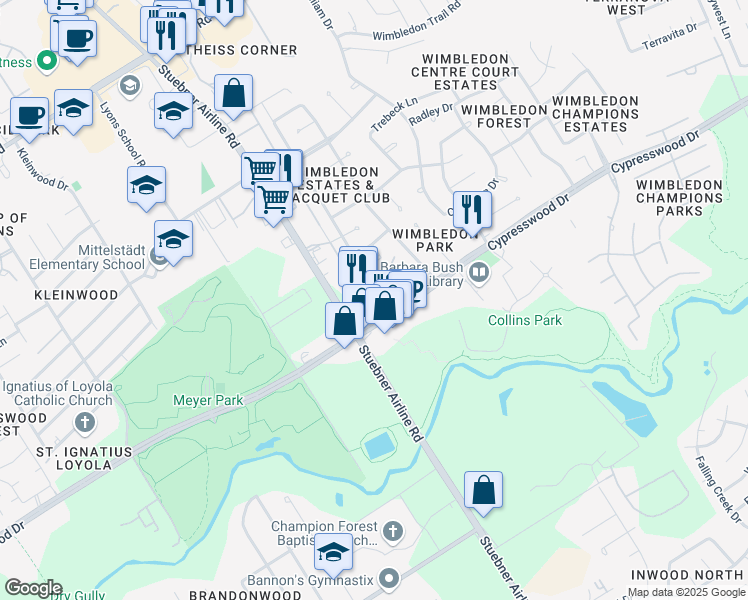 map of restaurants, bars, coffee shops, grocery stores, and more near 16011 Southampton Drive in Spring
