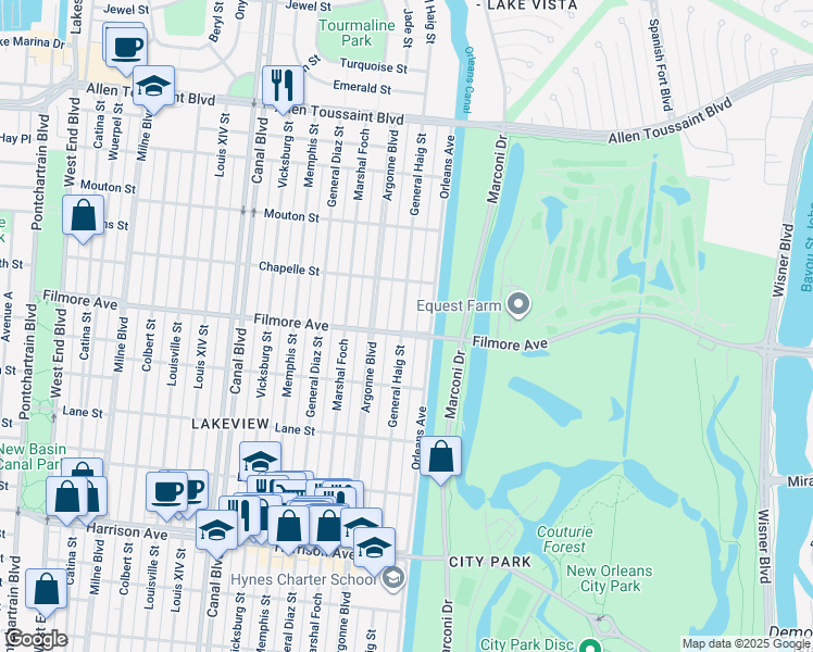 map of restaurants, bars, coffee shops, grocery stores, and more near 969 Filmore Avenue in New Orleans