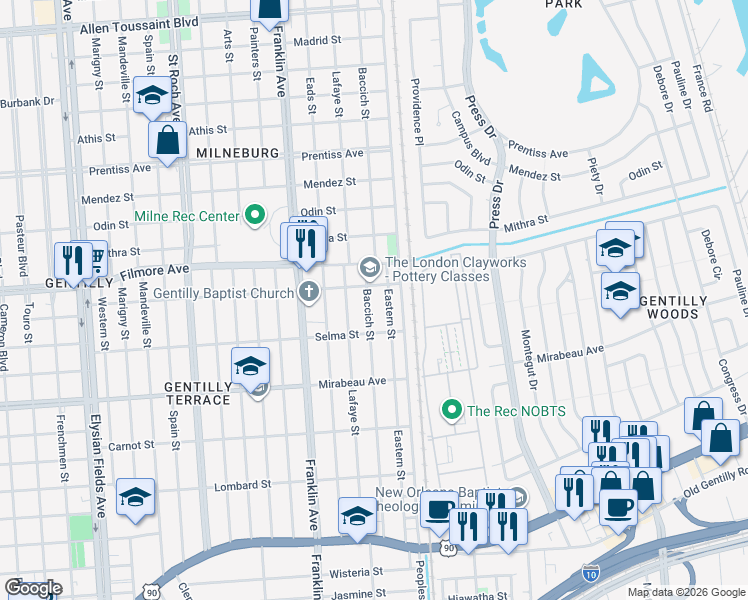 map of restaurants, bars, coffee shops, grocery stores, and more near 5157 Baccich Street in New Orleans