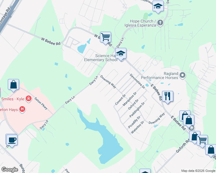 map of restaurants, bars, coffee shops, grocery stores, and more near 124 Kemah Lane in Kyle
