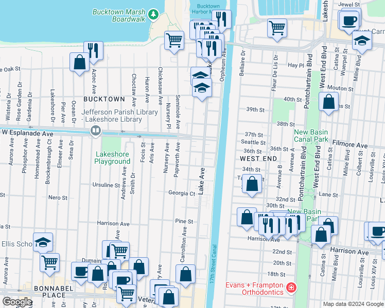 map of restaurants, bars, coffee shops, grocery stores, and more near 214 Chestnut Street in Metairie
