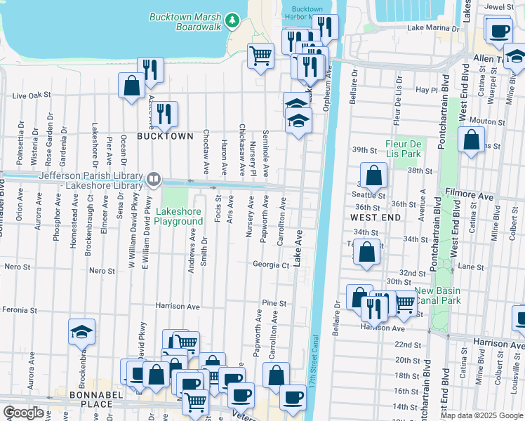 map of restaurants, bars, coffee shops, grocery stores, and more near 1516 Papworth Avenue in Metairie