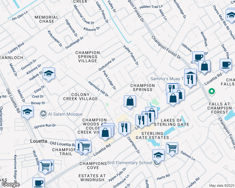 map of restaurants, bars, coffee shops, grocery stores, and more near 9111 Cypress Square Drive in Spring