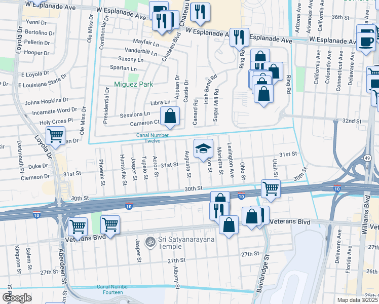map of restaurants, bars, coffee shops, grocery stores, and more near 3124 Augusta Street in Kenner