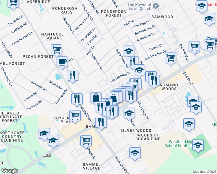 map of restaurants, bars, coffee shops, grocery stores, and more near 2007 Que Manor Drive in Houston
