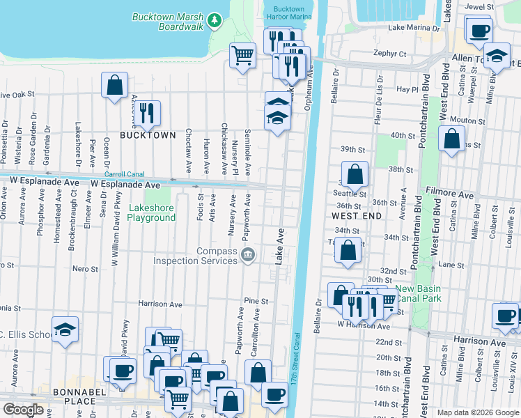map of restaurants, bars, coffee shops, grocery stores, and more near 214 Chestnut Street in Metairie