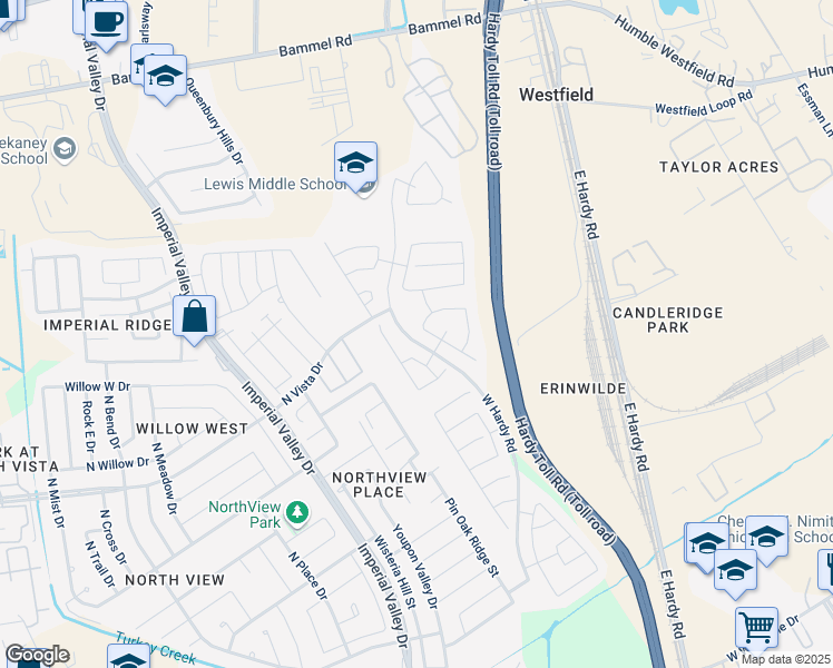 map of restaurants, bars, coffee shops, grocery stores, and more near 16371 Royal Stone Lane in Houston
