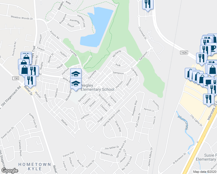 map of restaurants, bars, coffee shops, grocery stores, and more near 729 Scheel Road in Kyle