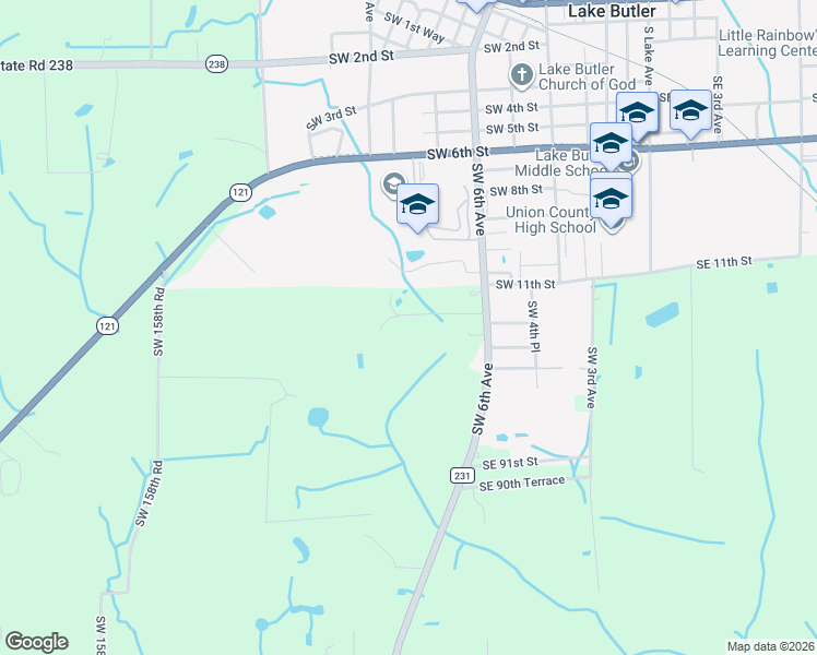 map of restaurants, bars, coffee shops, grocery stores, and more near 16368 Southwest 92nd Trail in Lake Butler
