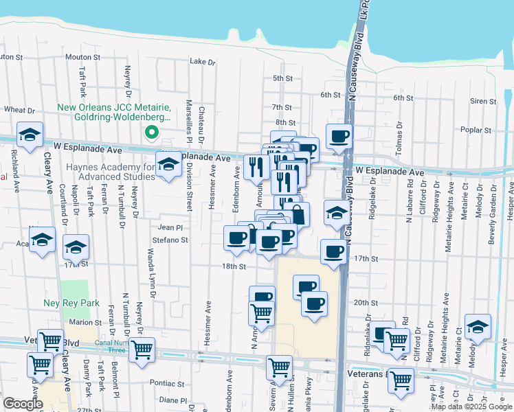 map of restaurants, bars, coffee shops, grocery stores, and more near 3520 North Arnoult Road in Metairie