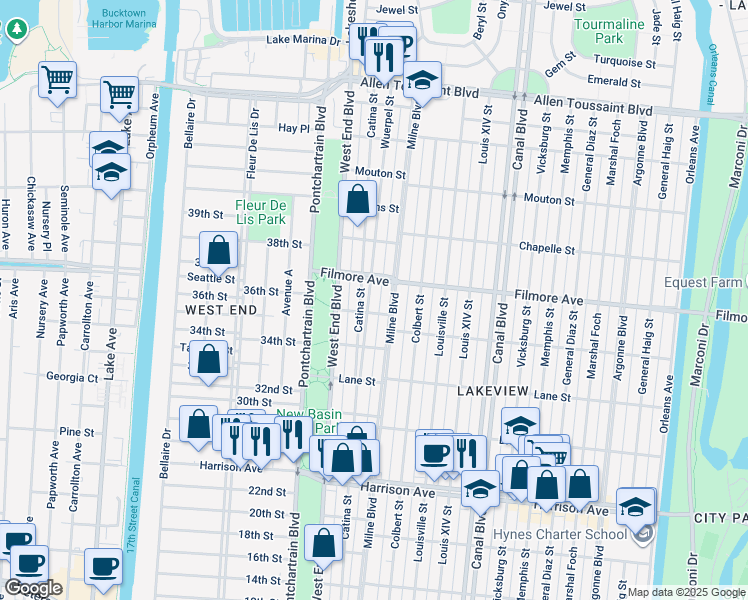 map of restaurants, bars, coffee shops, grocery stores, and more near 6621 Wuerpel Street in New Orleans