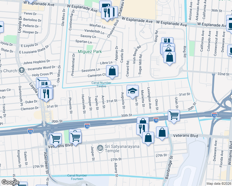 map of restaurants, bars, coffee shops, grocery stores, and more near 3129 Dawson Street in Kenner