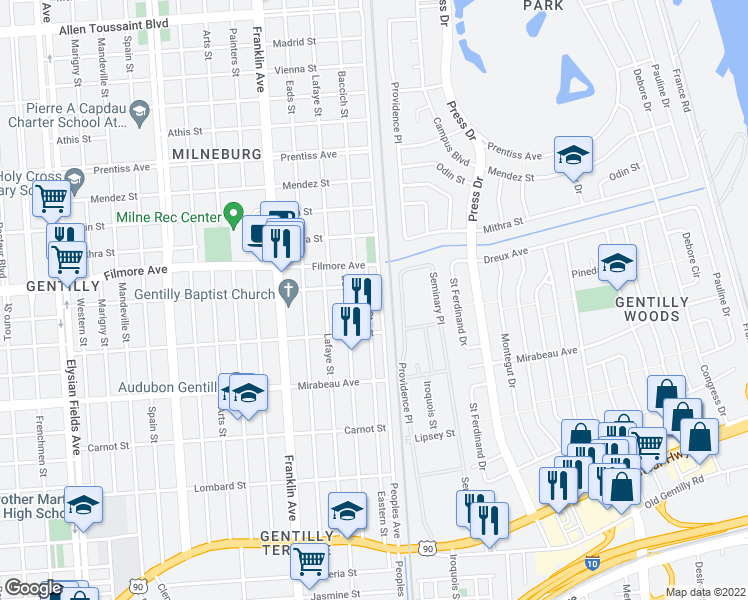 map of restaurants, bars, coffee shops, grocery stores, and more near 5163 Eastern Street in New Orleans