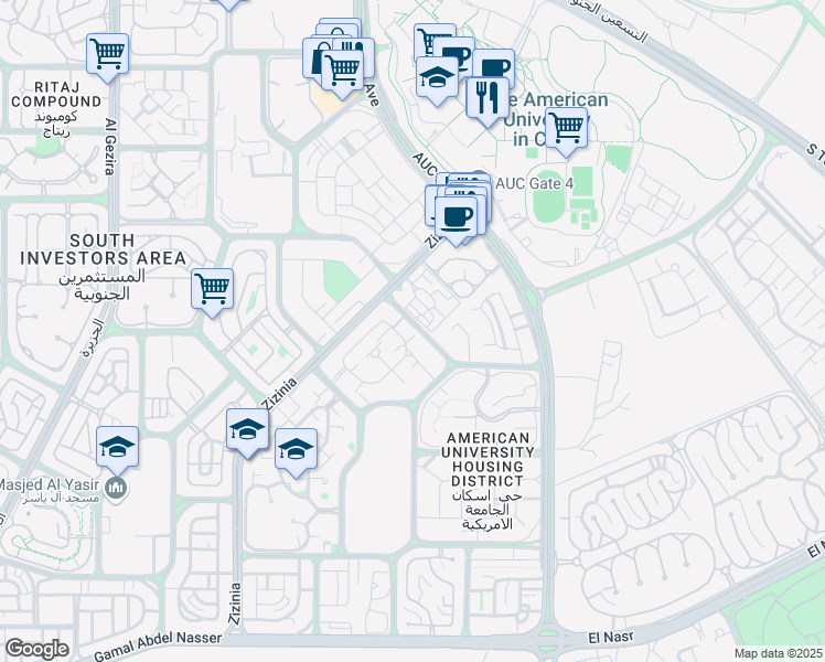 map of restaurants, bars, coffee shops, grocery stores, and more near in New Cairo 1