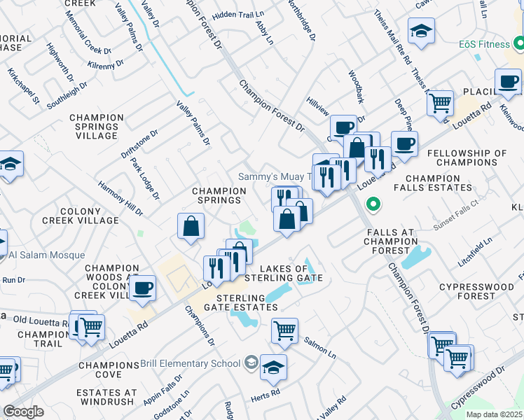 map of restaurants, bars, coffee shops, grocery stores, and more near 8610 Canyon Pine Drive in Spring