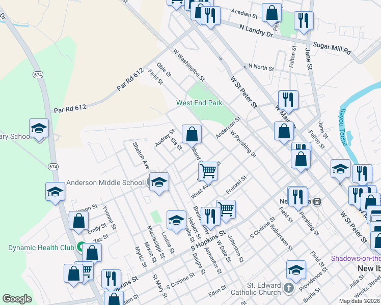 map of restaurants, bars, coffee shops, grocery stores, and more near 703 Anderson Street in New Iberia