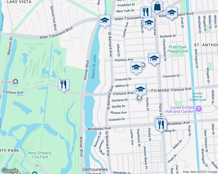 map of restaurants, bars, coffee shops, grocery stores, and more near 5376 Saint Bernard Avenue in New Orleans